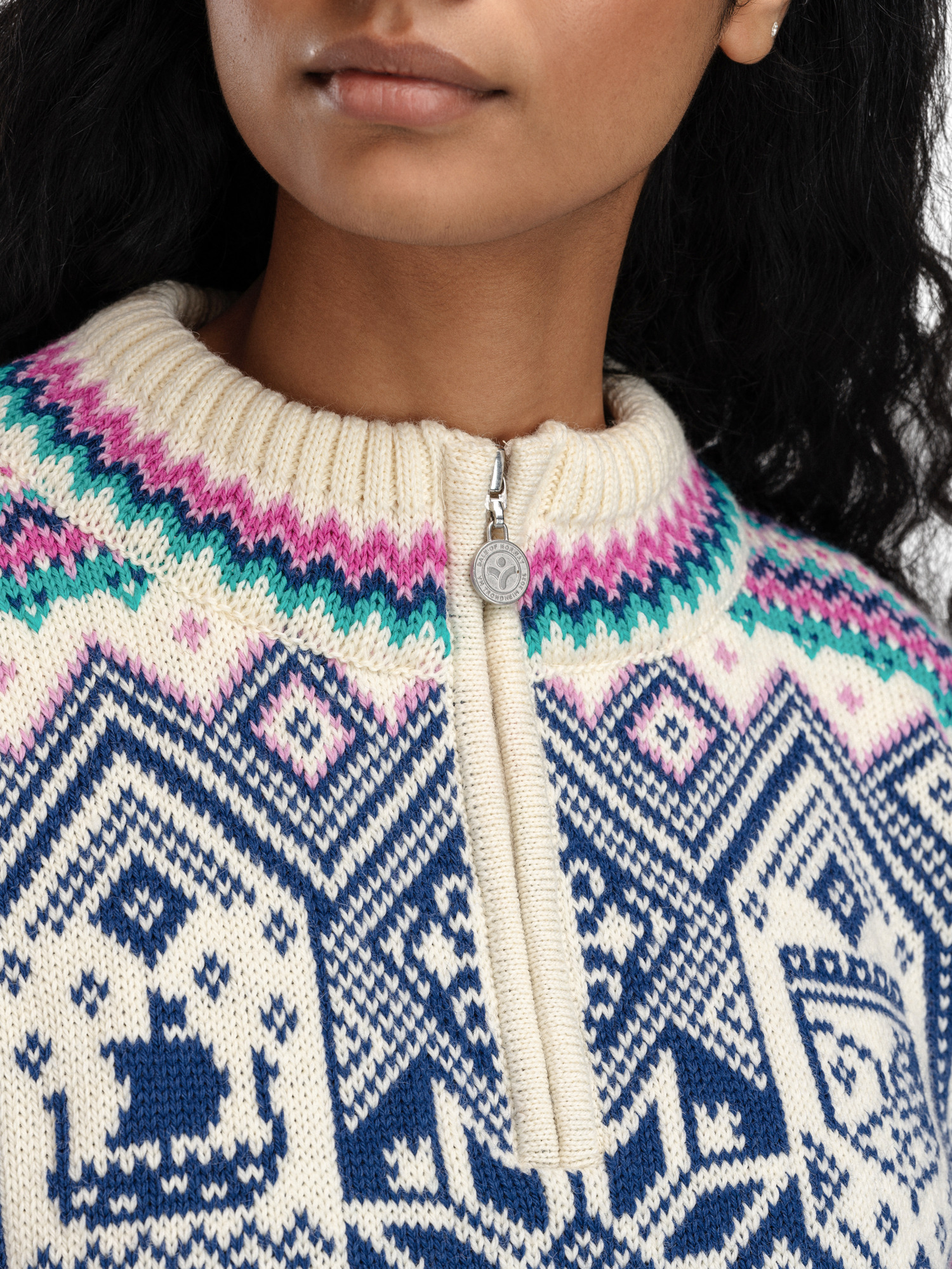 2025 Trondheim Women's Wool Sweater Offwhite  Indigo  Orchid